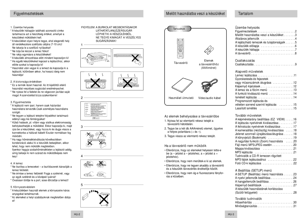 Samsung DVD-P142/XEH, DVD-P142/XEL, DVD-P142A/XEH manual Figyelmeztetések, Tartalom 