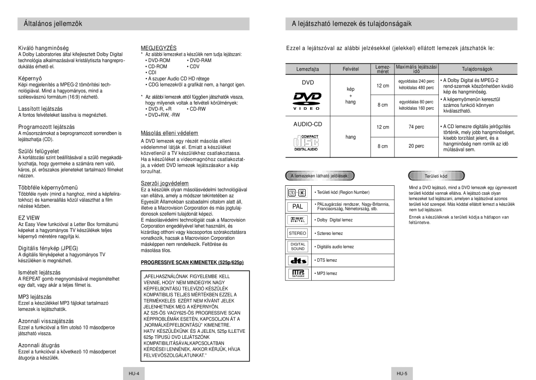 Samsung DVD-P142/XEL, DVD-P142A/XEH, DVD-P142/XEH manual Általános jellemzôk, Lejátszható lemezek és tulajdonságaik 