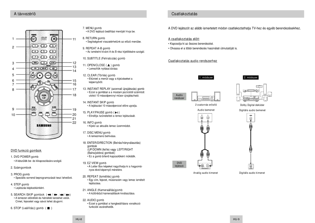 Samsung DVD-P142/XEH manual Távvezérlô, DVD funkció gombok, Csatlakoztatás elôtt, Csatlakoztatás audio rendszerhez 