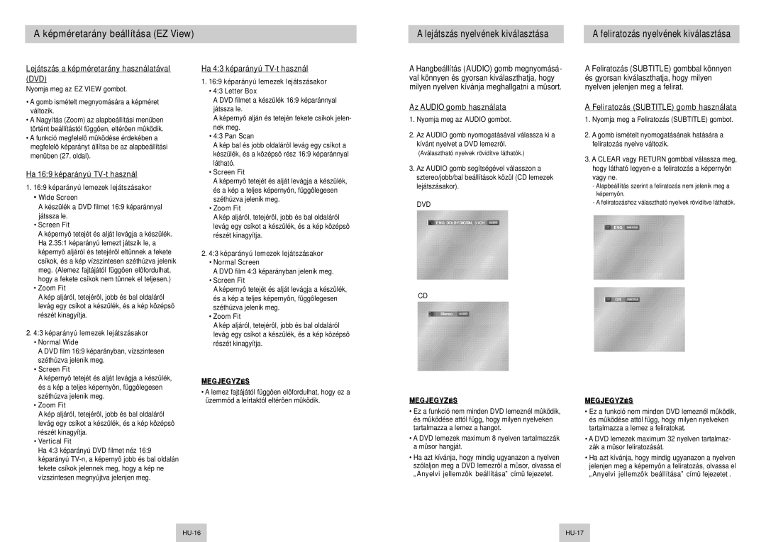 Samsung DVD-P142/XEL manual Képméretarány beállítása EZ View, Ha 169 képarányú TV-t használ, Ha 43 képarányú TV-t használ 