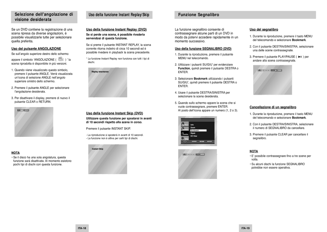 Samsung DVD-P142/XET manual Selezione dellangolazione di visione desiderata, Uso della funzione Instant Replay/Skip 