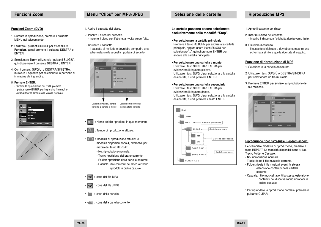 Samsung DVD-P142/XET manual Funzioni Zoom DVD, Funzione di riproduzione di MP3, Per selezionare la cartella principale 