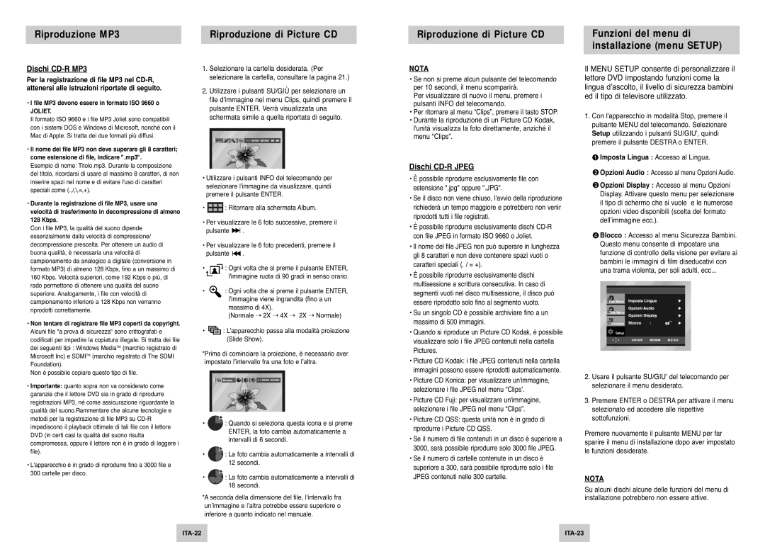 Samsung DVD-P142/XET manual Riproduzione MP3 Riproduzione di Picture CD, Dischi CD-R MP3, Dischi CD-R Jpeg, ITA-22 ITA-23 