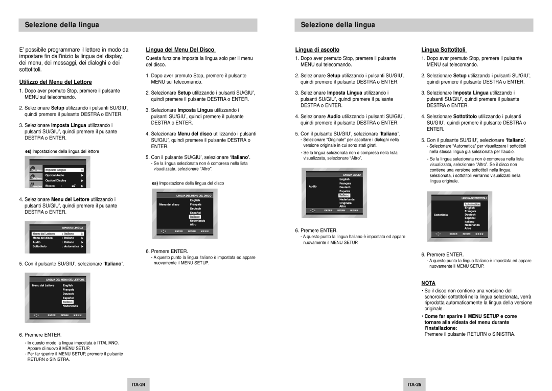 Samsung DVD-P142/XET manual Selezione della lingua, Lingua del Menu Del Disco, Lingua di ascolto, Lingua Sottotitoli 