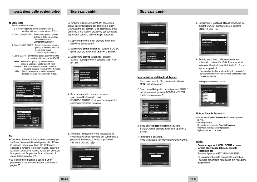 Samsung DVD-P142/XET manual Sicurezza bambini, Impostazione del livello di blocco, Il lettore è bloccato, Uscita Video 