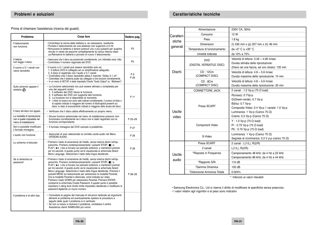 Samsung DVD-P142/XET manual Problemi e soluzioni, Caratteristiche tecniche, Problema, Cosa fare 