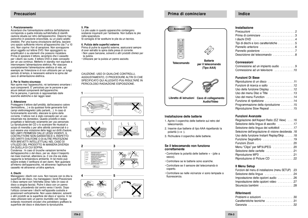 Samsung DVD-P142/XET manual Precauzioni, Prima di cominciare, Indice 