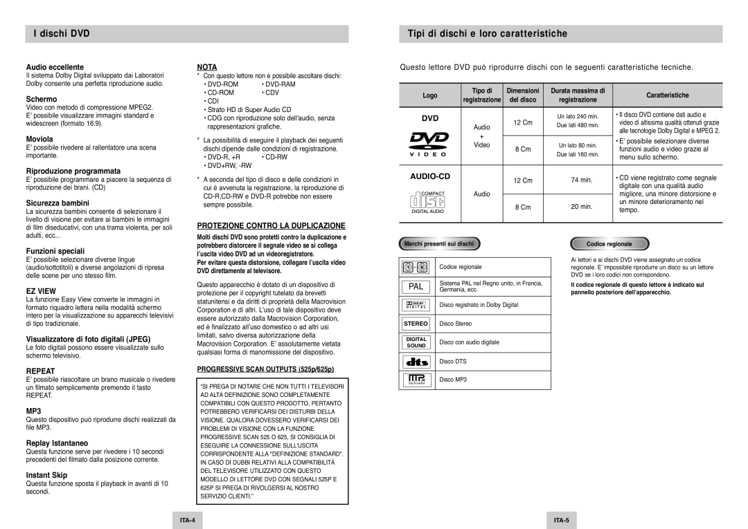 Samsung DVD-P142/XET manual Dischi DVD, Tipi di dischi e loro caratteristiche 