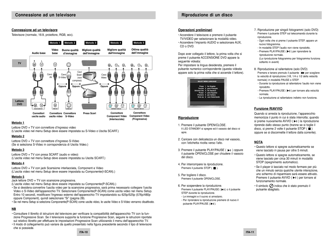 Samsung DVD-P142/XET manual Connessione ad un televisore, Riproduzione di un disco 