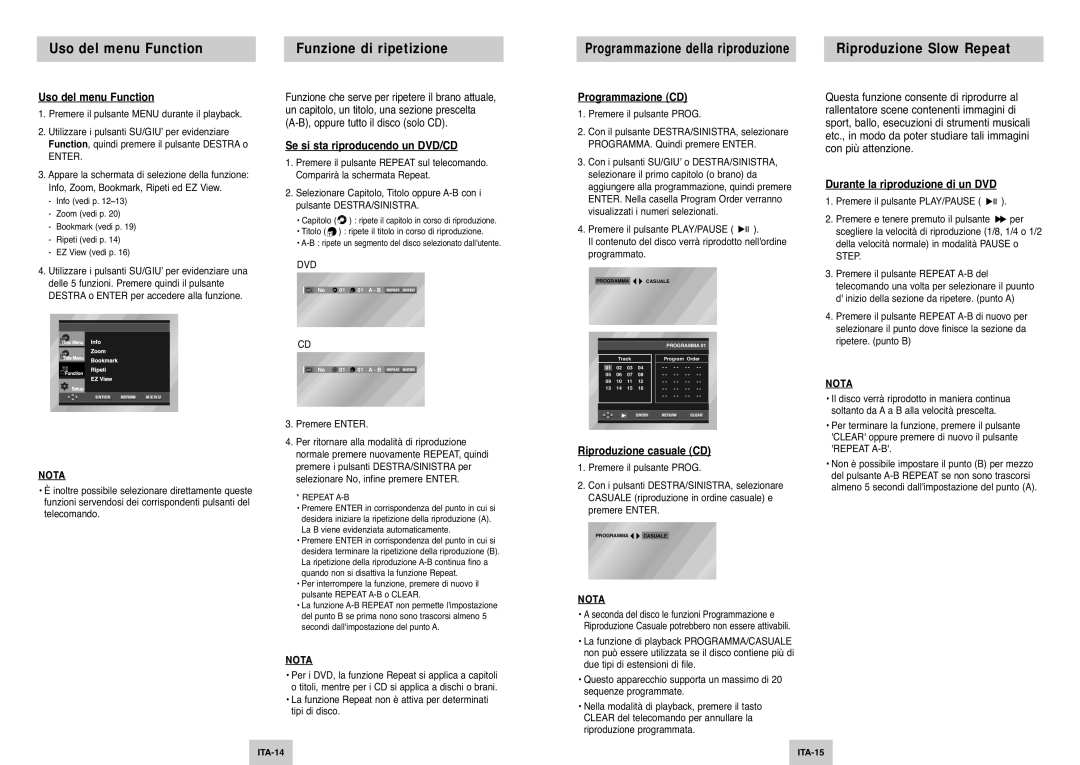 Samsung DVD-P142/XET manual Uso del menu Function Funzione di ripetizione, Riproduzione Slow Repeat 