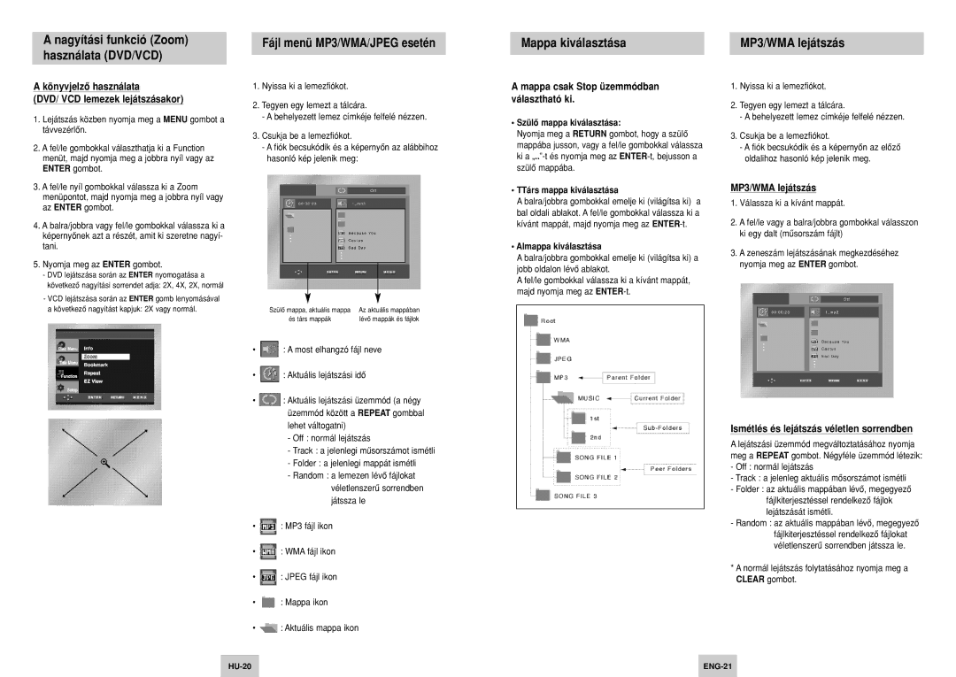 Samsung DVD-P142/XEL, DVD-P144/XEL Mappa csak Stop üzemmódban választható ki, Ismétlés és lejátszás véletlen sorrendben 