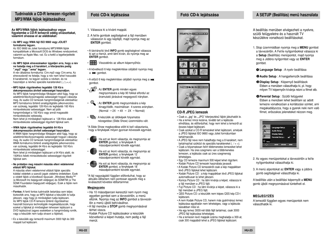 Samsung DVD-P144/FOU, DVD-P144/XEL Fotó CD-k lejátszása, Setup Beállítás menü használata, CD-R Jpeg lemezek, HU-22 HU-23 