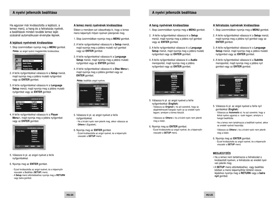 Samsung DVD-P142A/XEH Nyelvi jellemzôk beállítása, Lejátszó nyelvének kiválasztása, Lemez menü nyelvének kiválasztása 