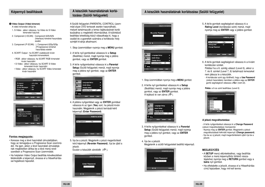 Samsung DVD-P144/XEL manual Készülék használatának korlátozása Szülôi felügyelet, Jelszó megváltoztatása, HU-28 HU-29 