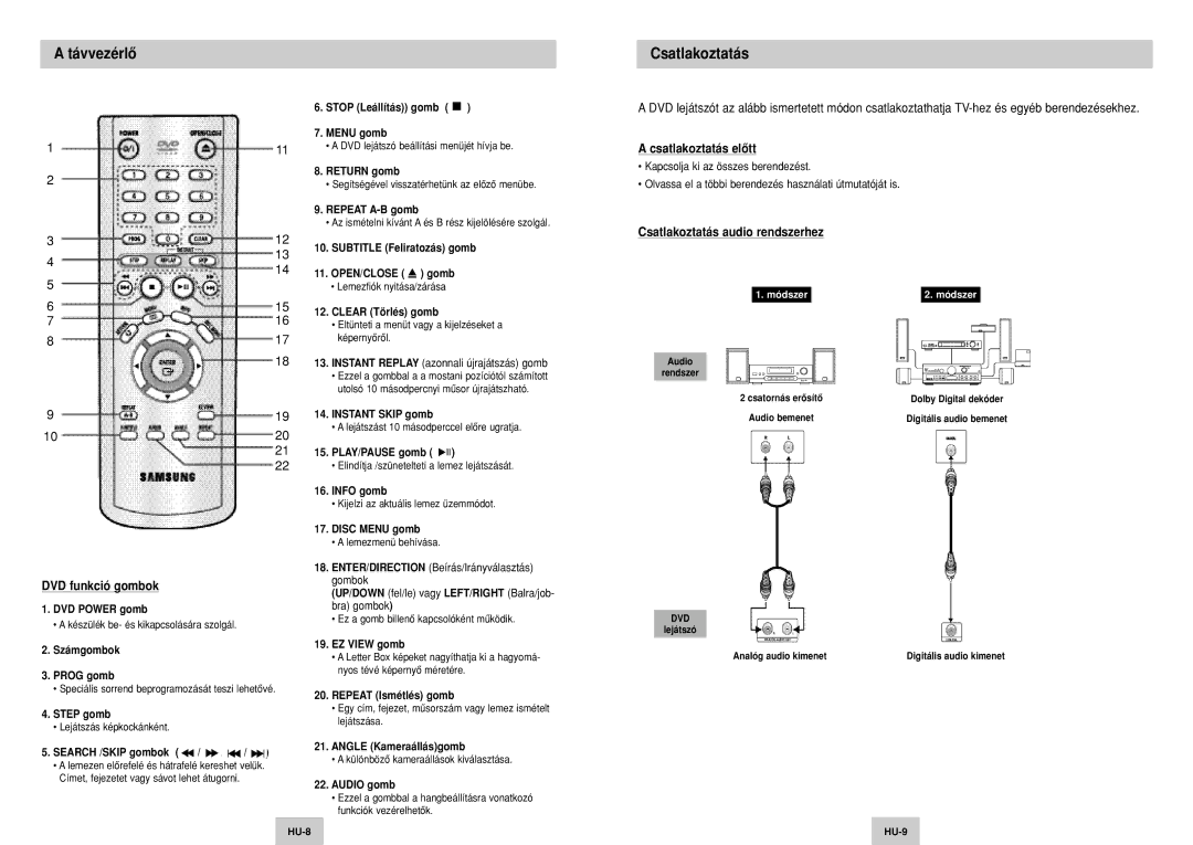 Samsung DVD-P144/XEL manual Távvezérlô, Csatlakoztatás elôtt, Csatlakoztatás audio rendszerhez DVD funkció gombok 