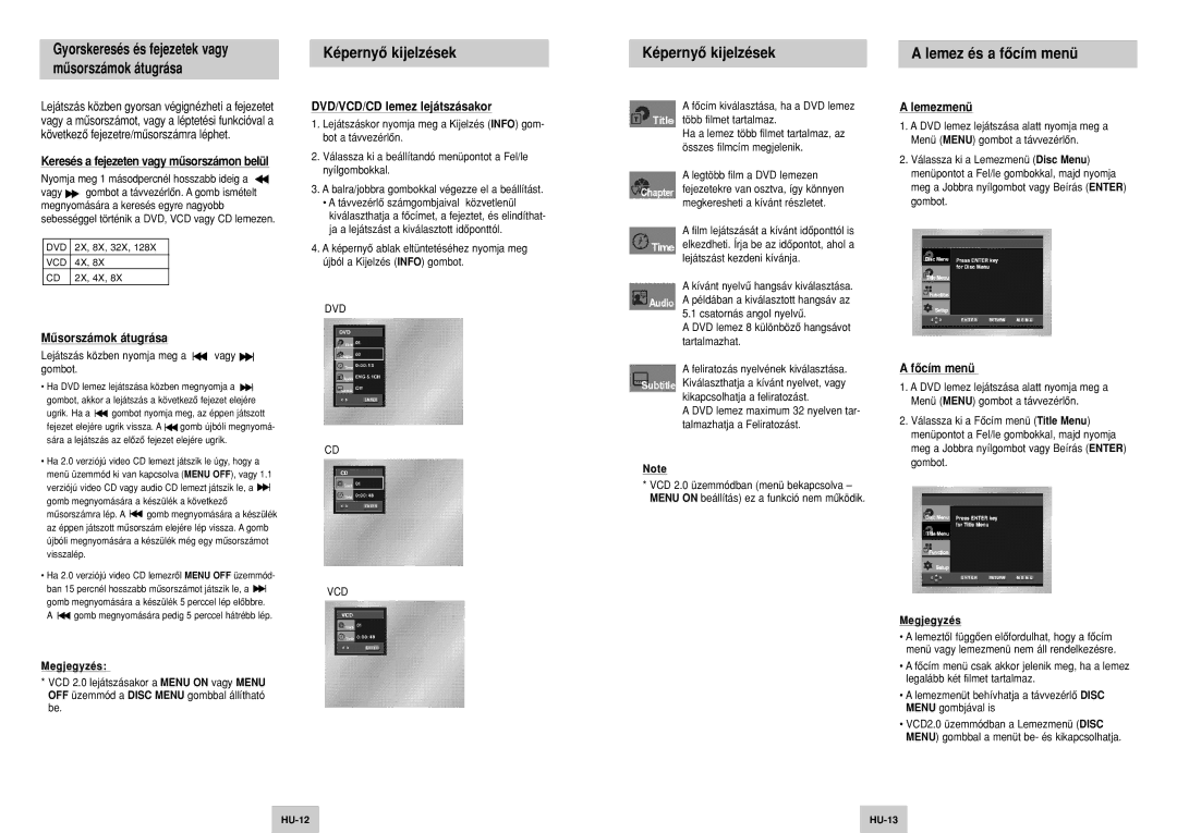 Samsung DVD-P144/FOU, DVD-P144/XEL, DVD-P142/XEL, DVD-P142A/XEH, DVD-P142/XEH manual Képernyô kijelzések Lemez és a fôcím menü 