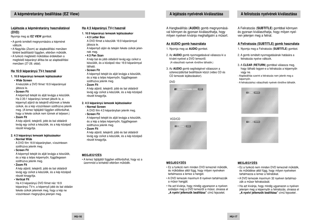 Samsung DVD-P142/XEH manual Képméretarány beállítása EZ View, Ha 169 képarányú TV-t használ, Ha 43 képarányú TV-t használ 