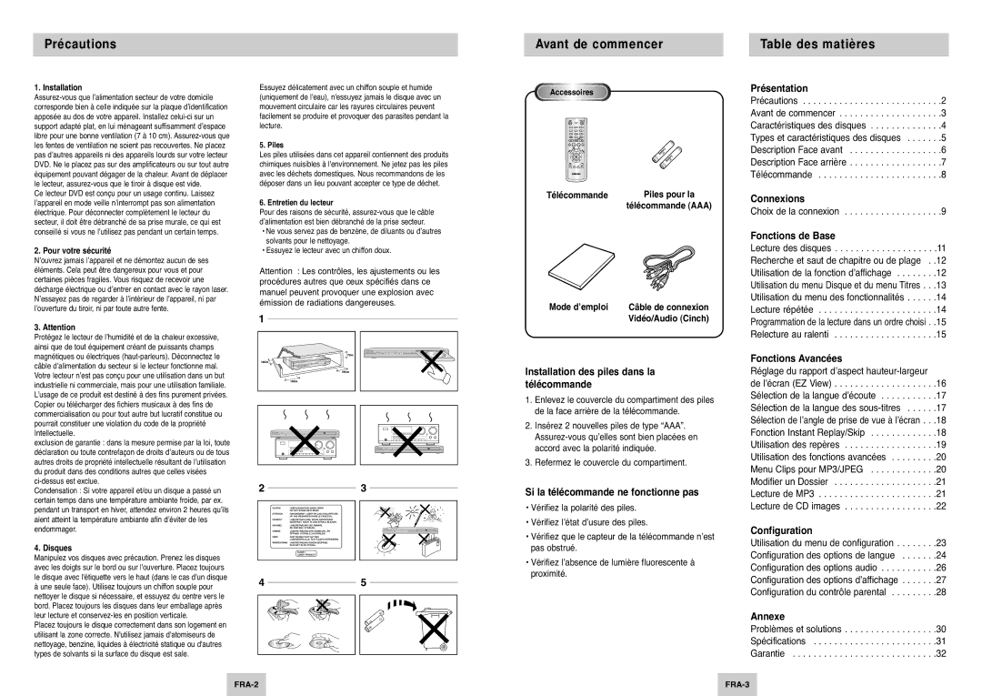 Samsung DVD-P144A/XEL, DVD-P144/XEL, DVD-P144/XET manual Précautions, Avant de commencer, Table des matières 