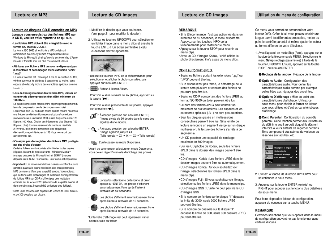 Samsung DVD-P144/XET Lecture de MP3 Lecture de CD images, Lecture de disques CD-R encodés en MP3, CD-R au format Jpeg 