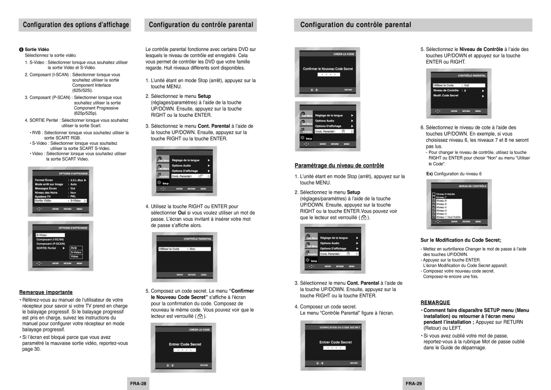 Samsung DVD-P144/XET, DVD-P144/XEL, DVD-P144A/XEL Configuration du contrôle parental, Paramétrage du niveau de contrôle 