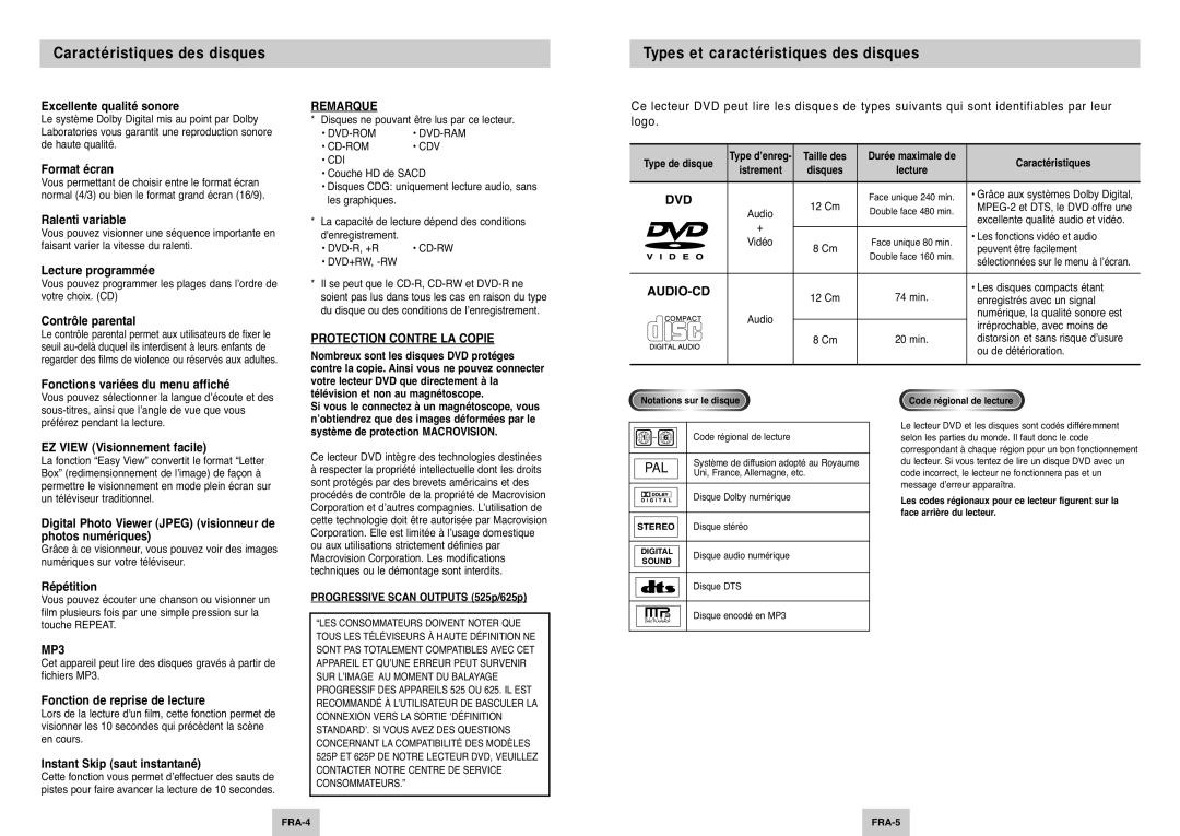 Samsung DVD-P144/XET, DVD-P144/XEL, DVD-P144A/XEL manual Caractéristiques des disques, Types et caractéristiques des disques 