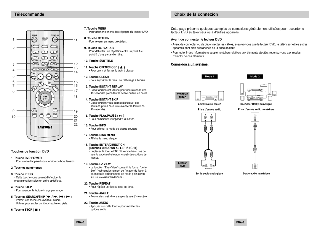 Samsung DVD-P144A/XEL manual Télécommande, Choix de la connexion, Avant de connecter le lecteur DVD, Connexion à un système 