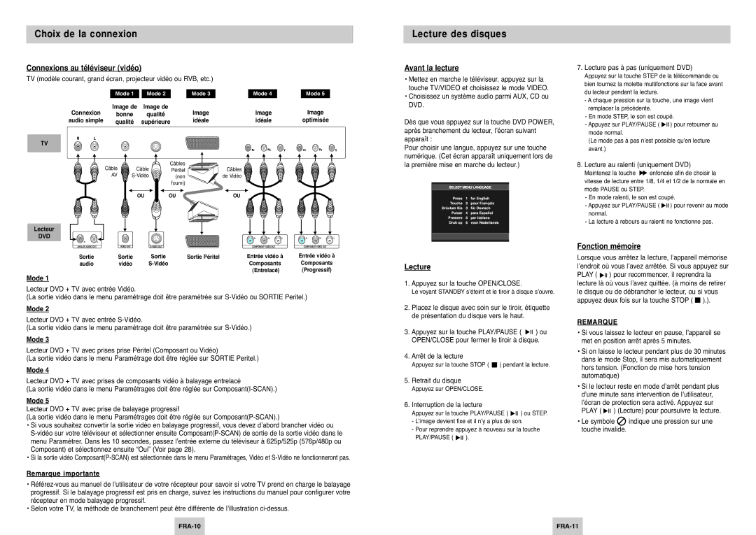 Samsung DVD-P144/XET, DVD-P144/XEL Lecture des disques, Connexions au téléviseur vidéo, Avant la lecture, Fonction mémoire 