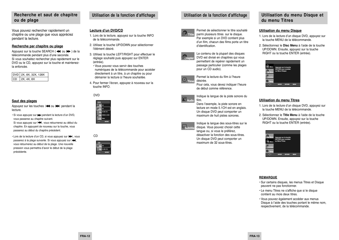 Samsung DVD-P144/XEL, DVD-P144A/XEL manual Recherche et saut de chapitre ou de plage, Utilisation de la fonction d’affichage 