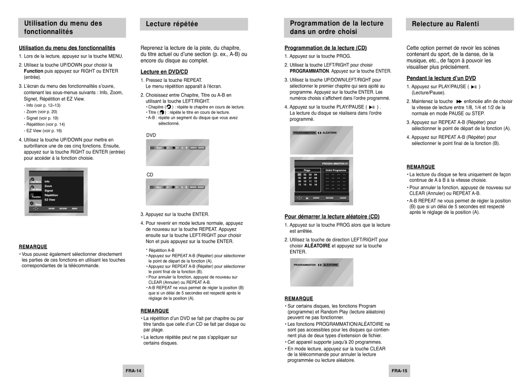 Samsung DVD-P144A/XEL, DVD-P144/XEL manual Utilisation du menu des fonctionnalités, Lecture répétée, Relecture au Ralenti 