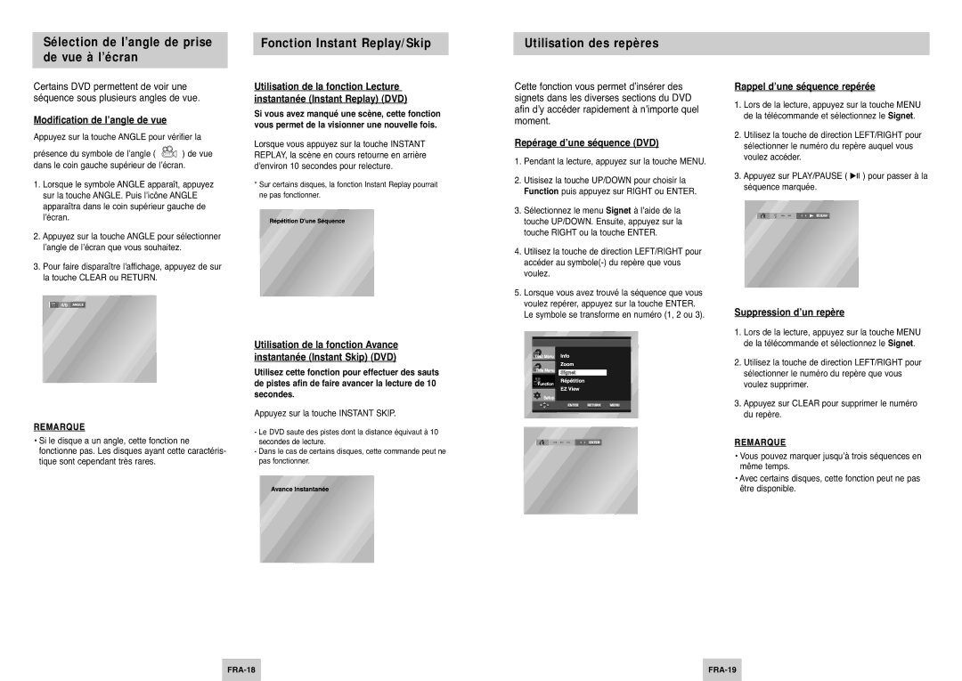 Samsung DVD-P144/XEL Sélection de l’angle de prise de vue à l’écran, Fonction Instant Replay/Skip, Utilisation des repères 