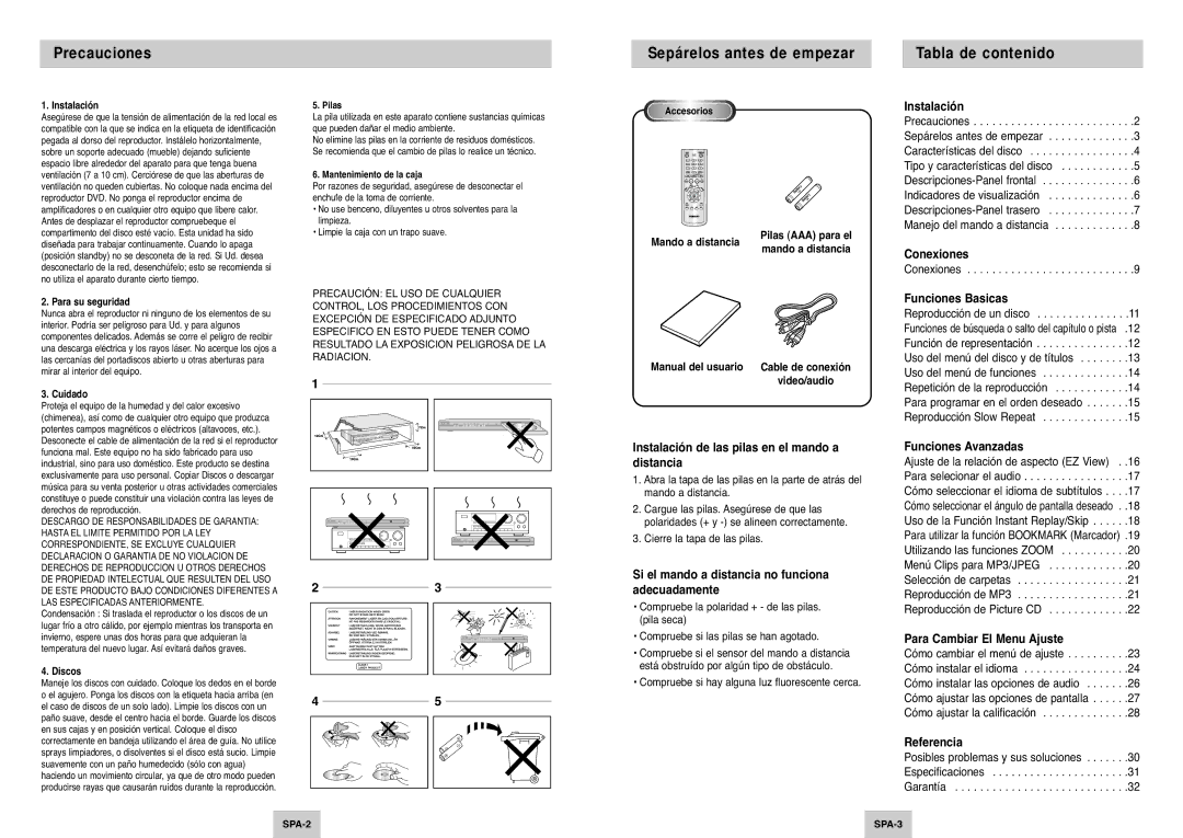 Samsung DVD-P145/XEC manual Precauciones, Sepárelos antes de empezar, Tabla de contenido 