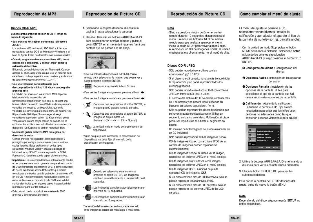 Samsung DVD-P145/XEC manual Discos CD-R MP3, Discos CD-R Jpeg, Pulse la botón Stop para volver al menú clips 