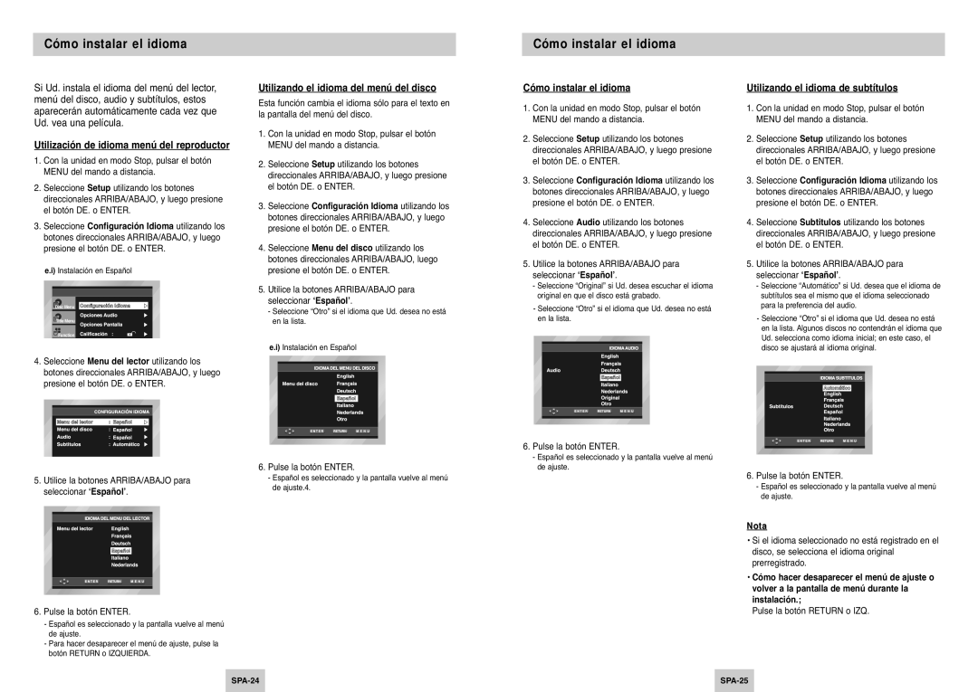 Samsung DVD-P145/XEC manual Cómo instalar el idioma, Utilización de idioma menú del reproductor 