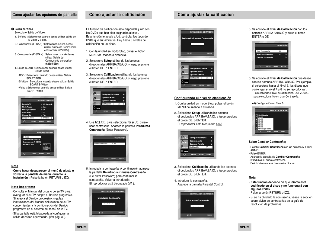 Samsung DVD-P145/XEC manual Cómo ajustar la calificación, Configurando el nivel de clasificación, Sobre Cambiar Contraseña 