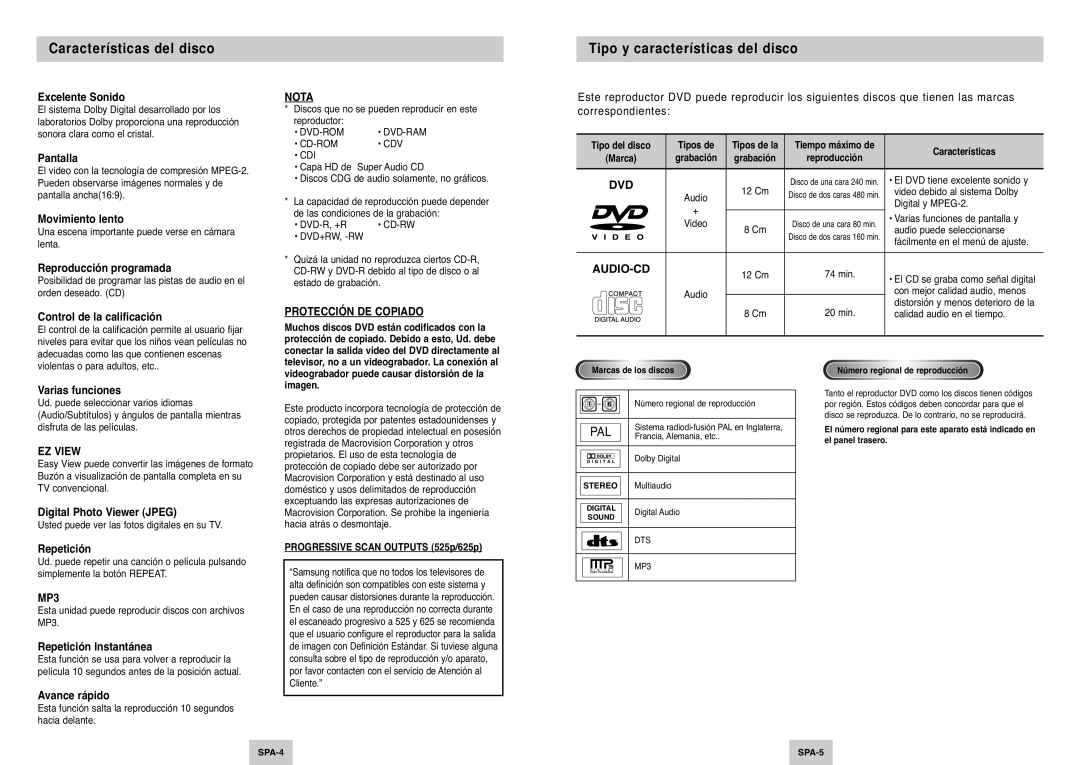 Samsung DVD-P145/XEC manual Características del disco, Tipo y características del disco 