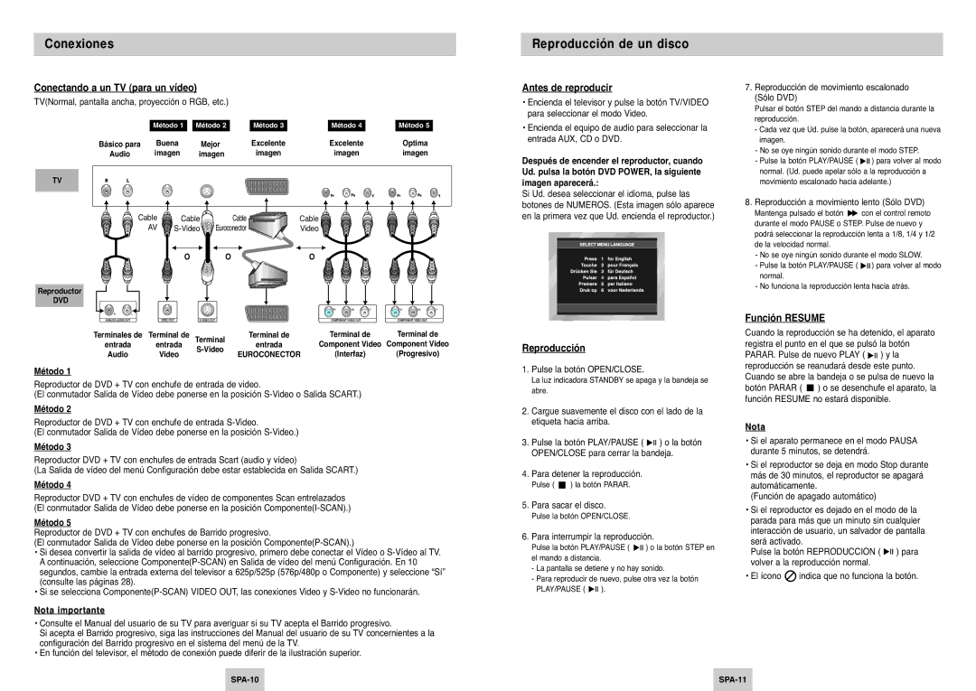 Samsung DVD-P145/XEC manual Reproducción de un disco, Conectando a un TV para un vídeo, Antes de reproducir, Función Resume 