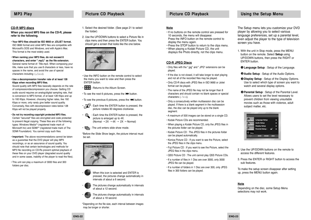 Samsung DVD-P145/FOU MP3 Play Picture CD Playback Using the Setup Menu, CD-R MP3 discs, CD-R Jpeg Discs, ENG-22 ENG-23 