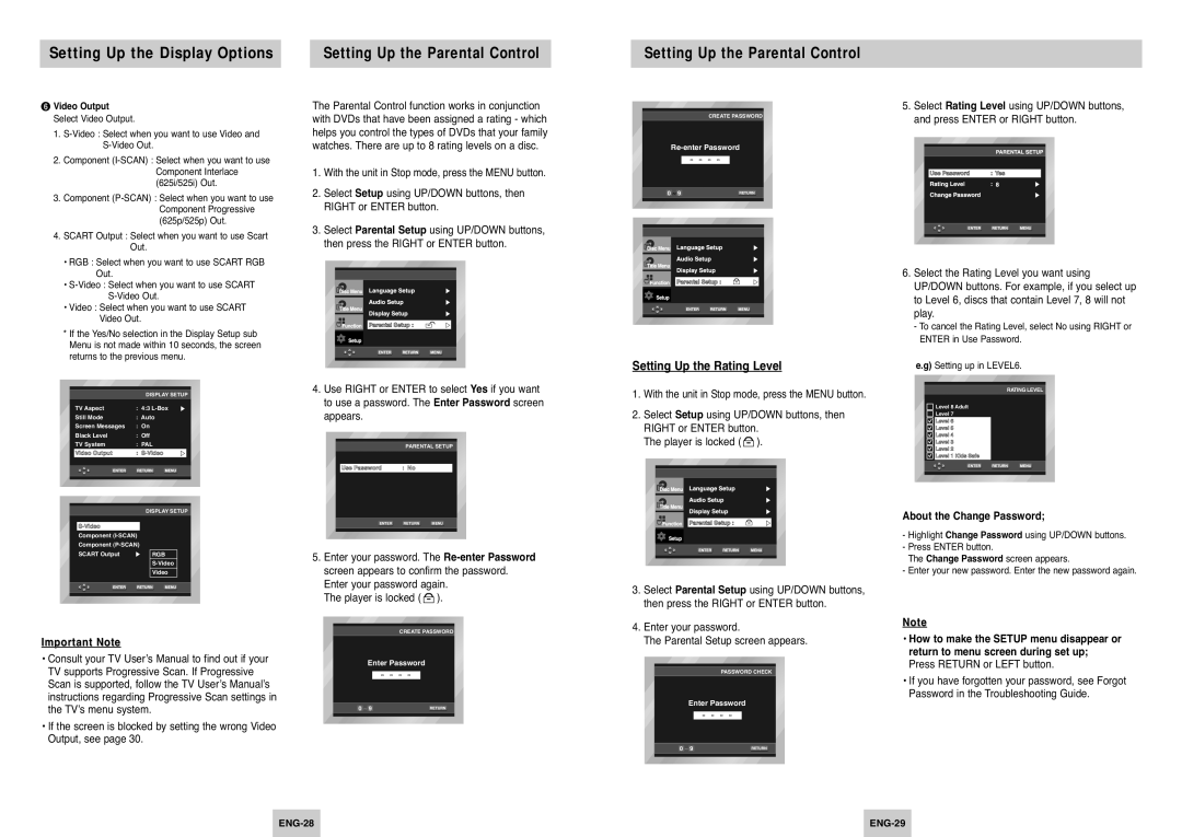 Samsung DVD-P144/XEG, DVD-P145/XEG Setting Up the Parental Control, Setting Up the Rating Level, About the Change Password 