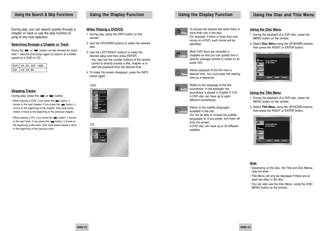 Samsung DVD-P144/XET, DVD-P145/XEG, DVD-P144/XEG, DVD-P144A/XEG Using the Display Function Using the Disc and Title Menu 