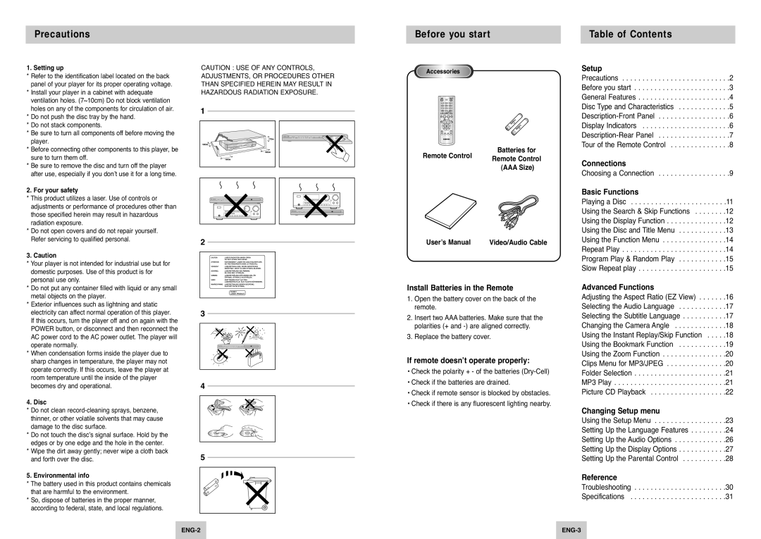 Samsung DVD-P144/XEG manual Precautions, Before you start, Table of Contents, Install Batteries in the Remote, Setup 