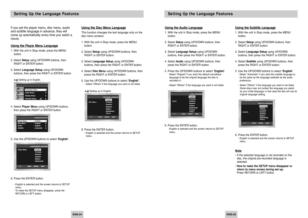 Samsung DVD-P145/XEH manual Setting Up the Language Features, Using the Player Menu Language, Using the Disc Menu Language 