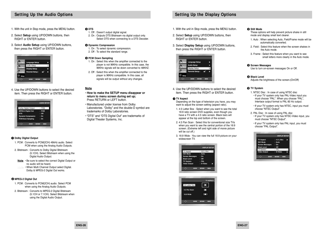 Samsung DVD-P145/XET, DVD-P145/XEG, DVD-P145/XEL, DVD-P145/XEC Setting Up the Audio Options, Setting Up the Display Options 