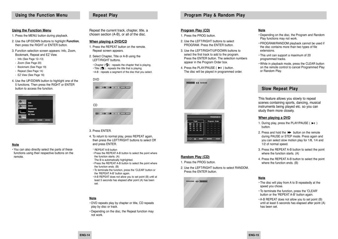 Samsung DVD-P145/XET, DVD-P145/XEG, DVD-P145/XEL Using the Function Menu, Program Play & Random Play, Slow Repeat Play 