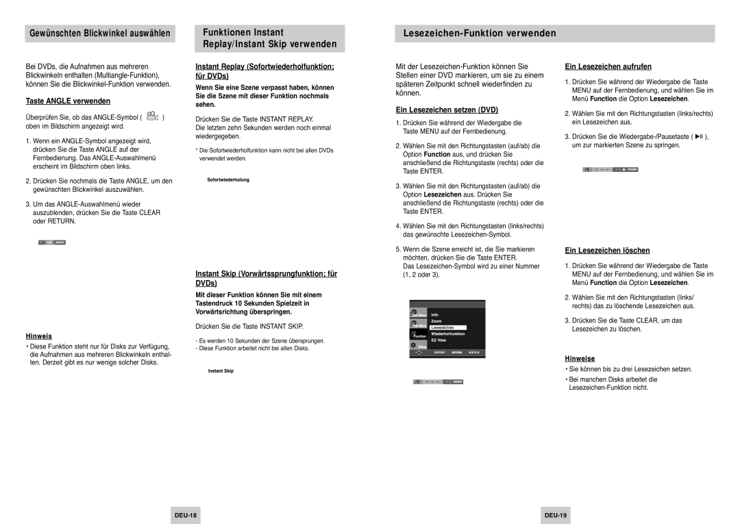 Samsung DVD-P145/XEG manual Gewünschten Blickwinkel auswählen, Lesezeichen-Funktion verwenden 