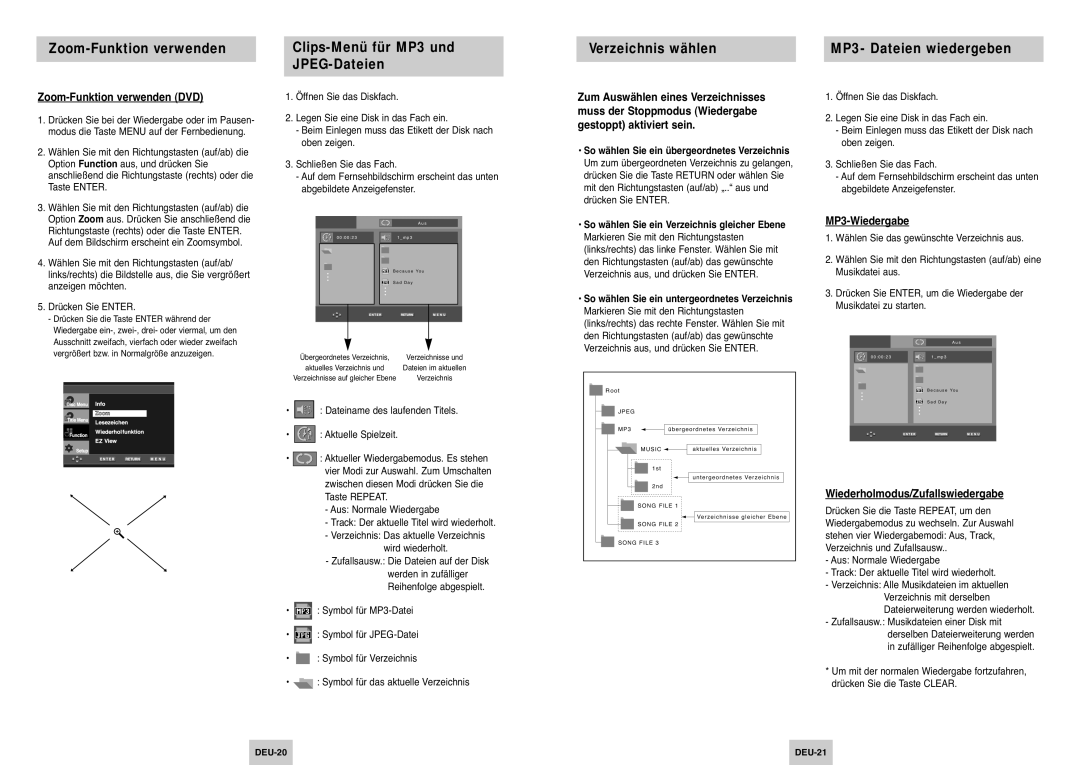 Samsung DVD-P145/XEG manual Zoom-Funktion verwenden DVD, MP3-Wiedergabe, Wiederholmodus/Zufallswiedergabe 