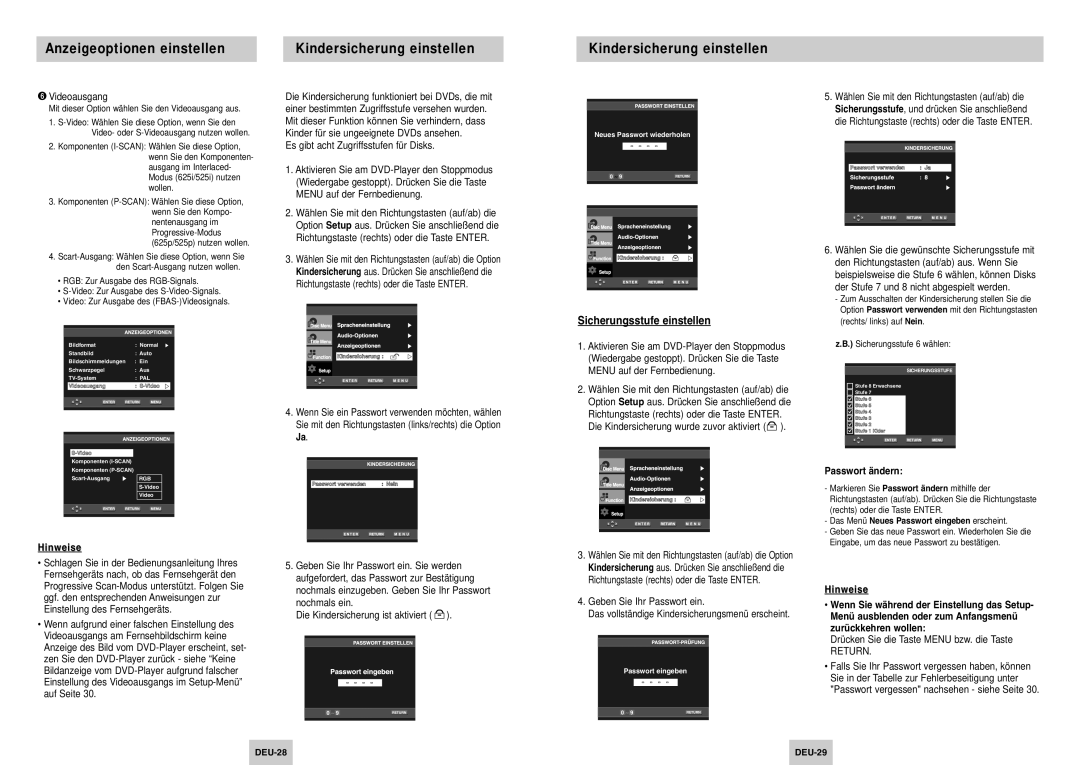 Samsung DVD-P145/XEG Anzeigeoptionen einstellen Kindersicherung einstellen, Sicherungsstufe einstellen, Passwort ändern 