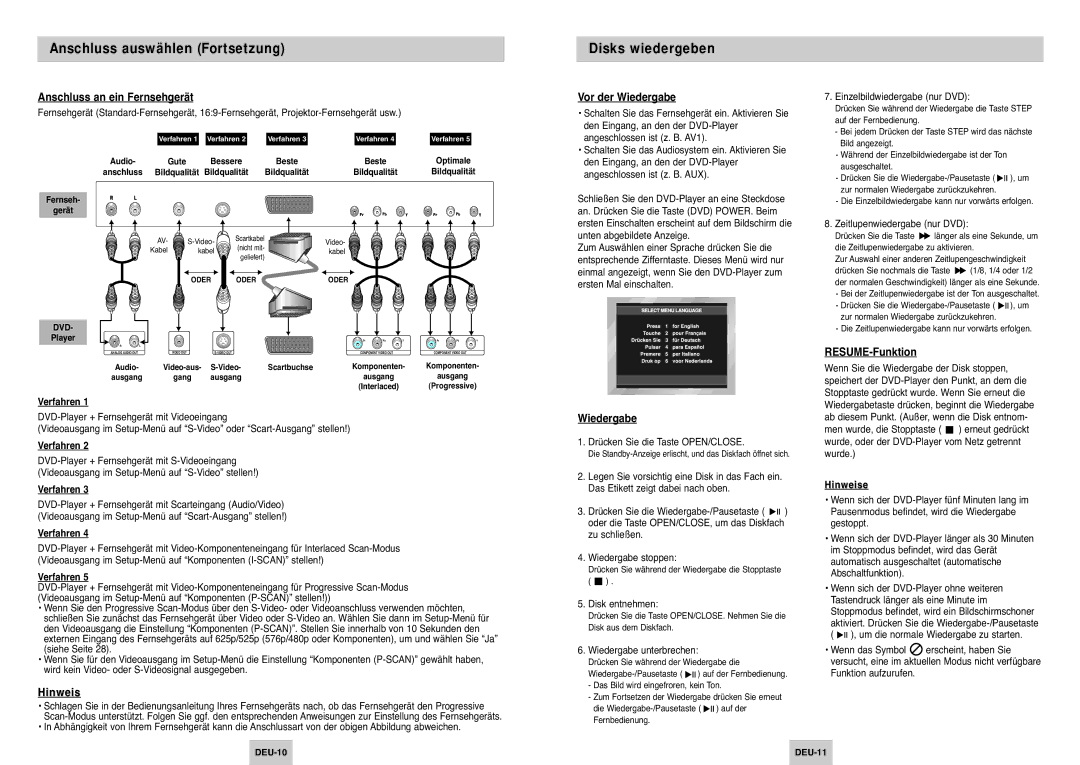 Samsung DVD-P145/XEG manual Anschluss auswählen Fortsetzung, Disks wiedergeben 