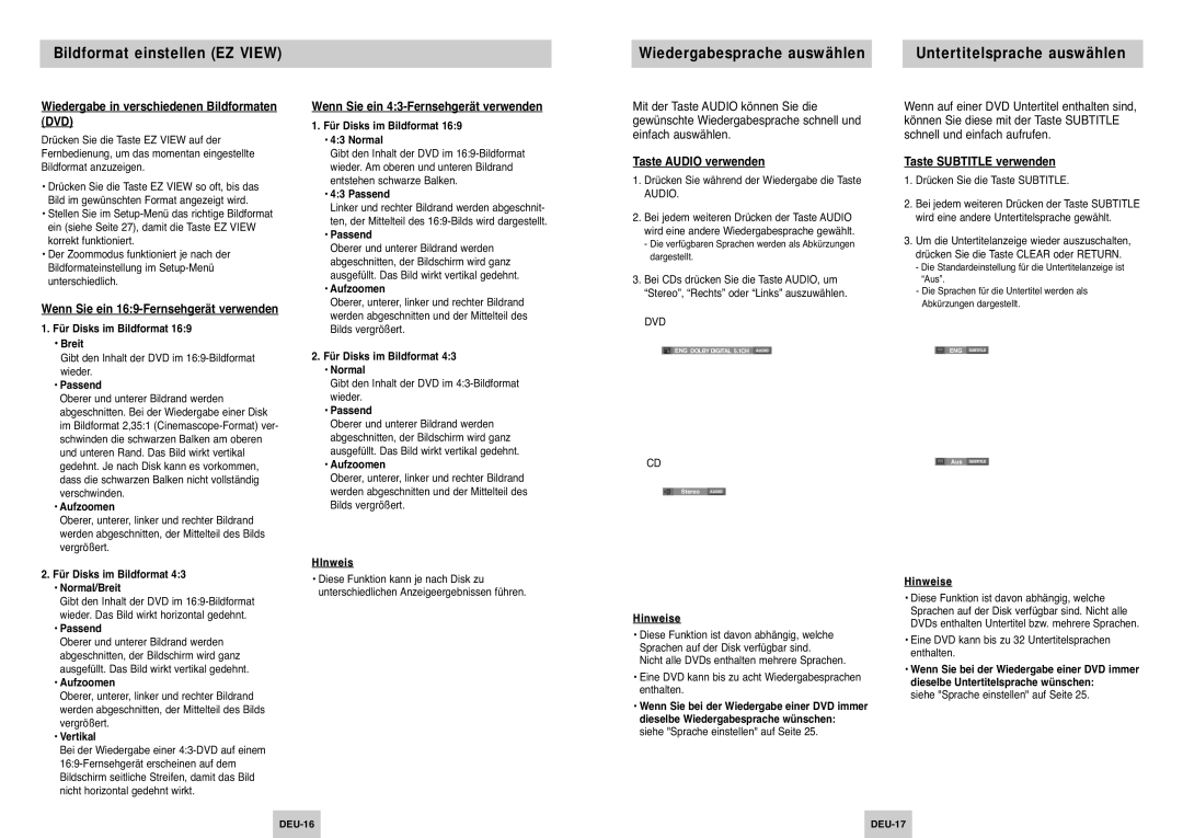 Samsung DVD-P145/XEG manual Bildformat einstellen EZ View, Untertitelsprache auswählen 