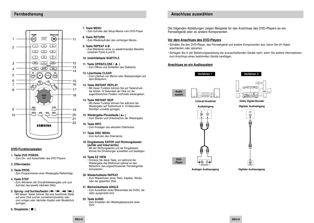 Samsung DVD-P145/XEG Fernbedienung, Anschluss auswählen, Vor dem Anschluss des DVD-Players, Anschluss an ein Audiosystem 