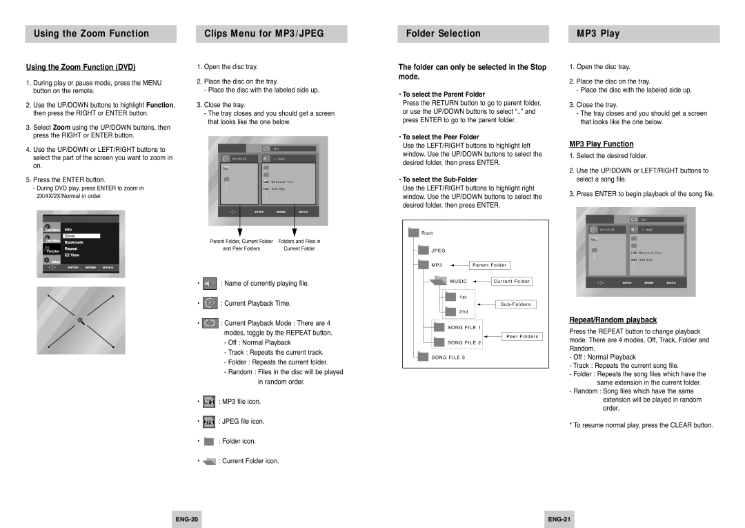 Samsung DVD-P145/FOU manual Using the Zoom Function DVD, Folder can only be selected in the Stop mode, MP3 Play Function 